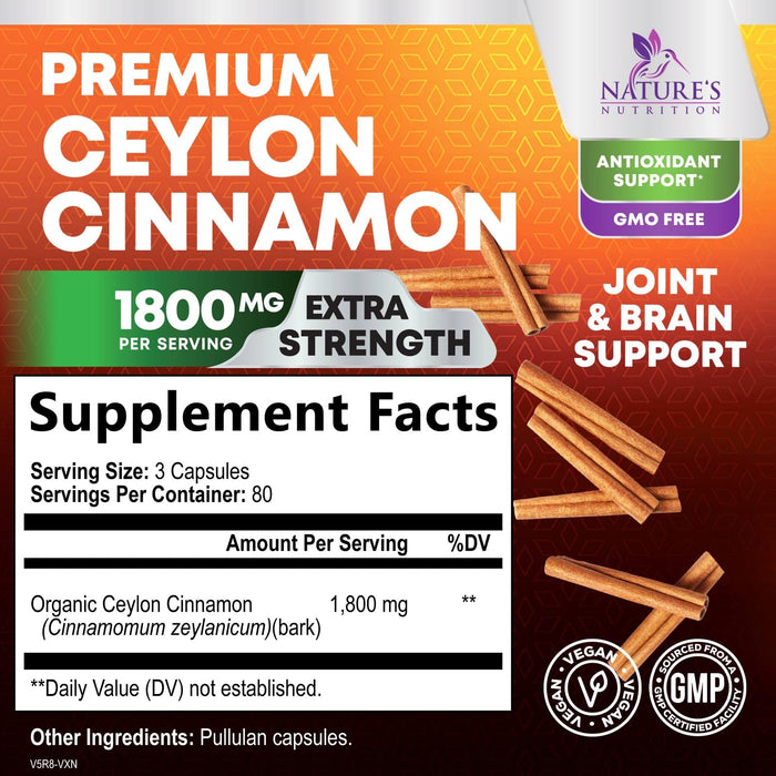 Organic Ceylon Cinnamon Supplement 1800mg - Certified Organic Ceylon Cinnamon Powder Pills - Energy & Heart Support for Women & Men, Bottled in USA, Antioxidant, Gluten Free, Non-GMO - 240 Capsules