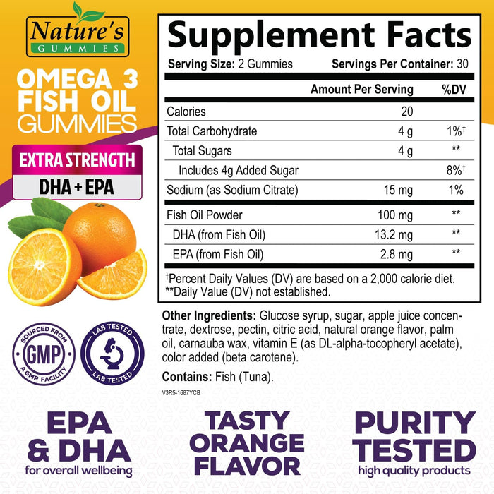 Omega 3 Fish Oil Gummies, Heart Healthy Omega 3 Gummy Supplement with High Absorption DHA & EPA, Extra Strength Joint & Brain Support, Delicious Orange Flavor Fish Oil Nature's Vitamin - 60 Gummies