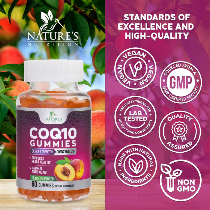 Nature's Nutrition CoQ10 Gummies 100mg â€“ High Absorption Coenzyme Q10 Supplement for Heart Health, Energy & Antioxidant Support â€“ Peach Flavor Gummy, Vegan, Non-GMO, Gluten Free â€“ 60 Count