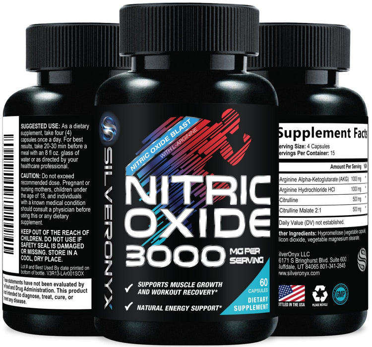 Extra Strength Nitric Oxide Supplement 3X Strength L Arginine, Citrulline Malate, AAKG, Beta Alanine - Premium Muscle Supporting Nitric Booster - Natural Energy & Heart Health Support - 60 Capsules