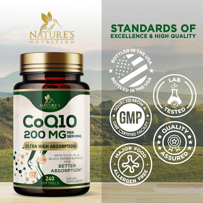 CoQ10 200mg Softgels - Extra Strength Coenzyme Q10 Supplement With Black Pepper Extract for Enhanced Absorption, CoQ10 Antioxidant Supplements for Heart Health & Cellular Energy Support - 240 Softgels