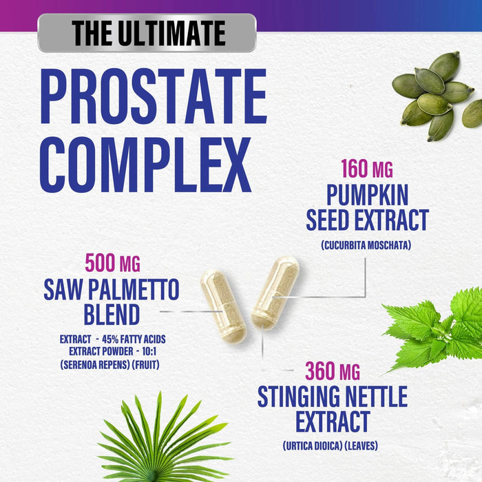 Prostate Health Supplements for Men - Support Complex 3x Formula with Saw Palmetto Blend Stinging Nettle Root & Pumpkin Seed Extract - Supports Bathroom Trips Prostate & Urinary Health - 120 Capsules