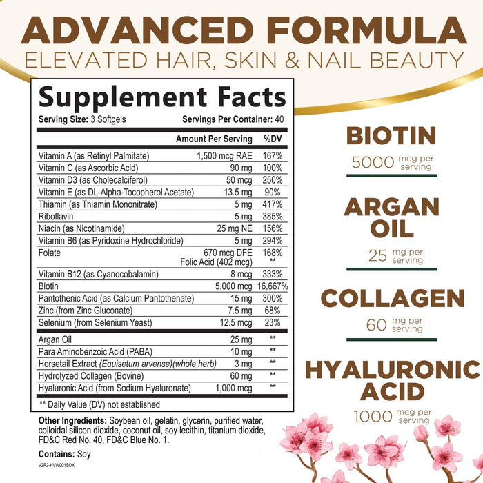 Hair Vitamins Biotin 5000 mcg Collagen for Hair Skin and Nails Vitamin Nature's, Supports Supplement Fast Fuller Thicker Healthy Growth Support, with Hyaluronic Acid Women & Men, Non-GMO, 120 Softgels