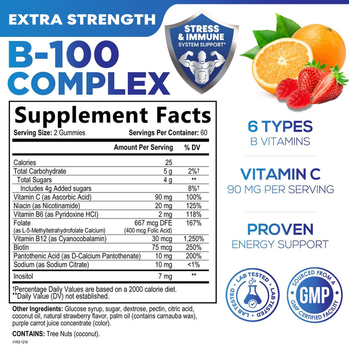 B Complex Supplement Gummies with Vitamin C & Folic Acid, Extra Strength Super Vitamin B Gummy with Niacin, B6, Folic Acid, B12, Biotin, Nature's Energy Immune Support Supplements - 120 Gummies