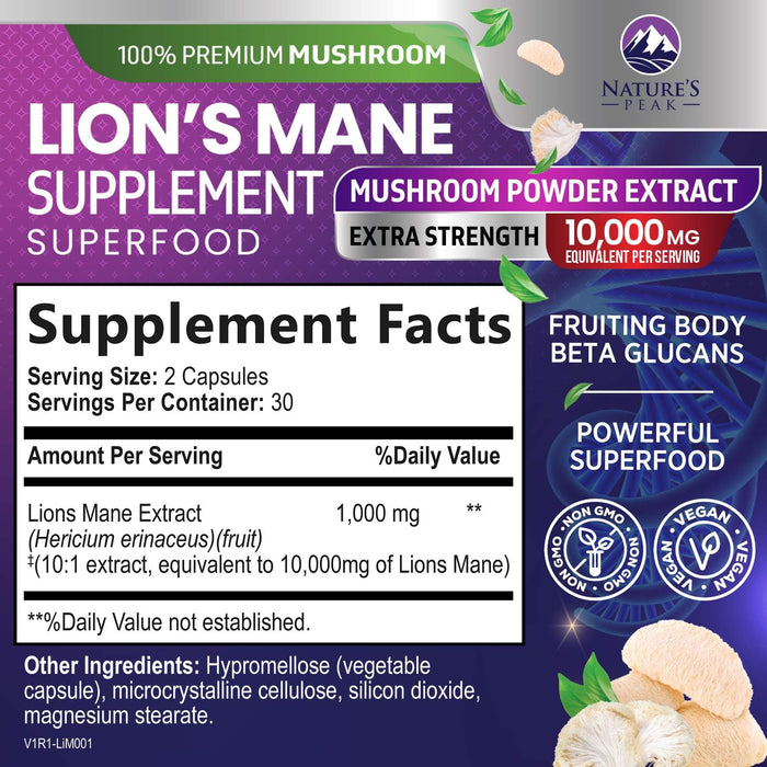 Lions Mane Mushroom Capsules 10,000mg - Lionâ€™s Mane Supplement Capsules for Memory and Focus Support, Brain, Immune Health Support, Vegan, Bottled in USA, Lions Mane Mushroom Powder Extract, 60 Count