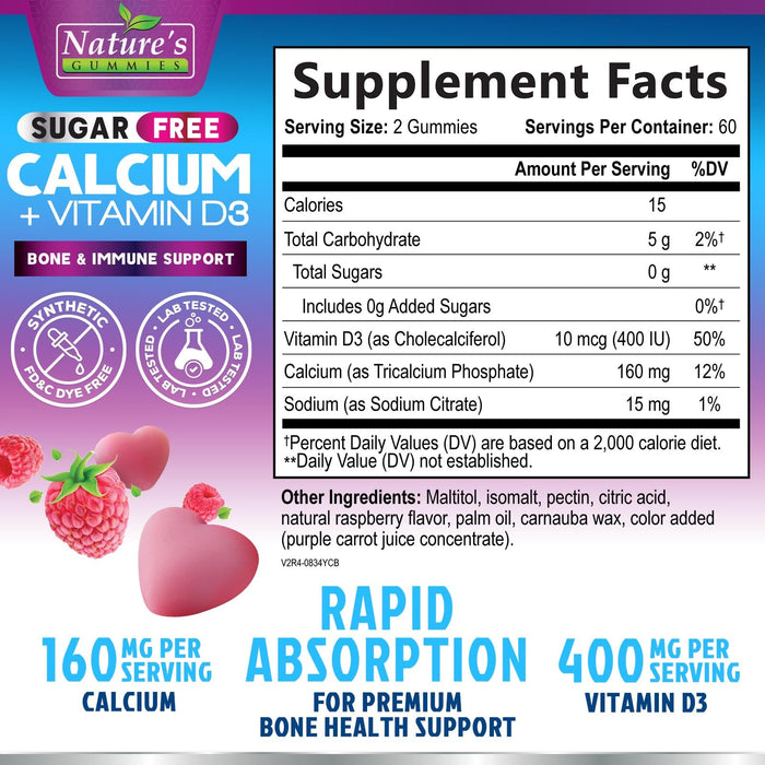 Sugar Free Chewable Calcium Gummy Vitamins - Plus 400 IU Vitamin D3 for Bone, Teeth, & Immune Health Support - Calcium Supplements for Women & Men Daily, Non-GMO, Berry Flavored - 120 Gummies