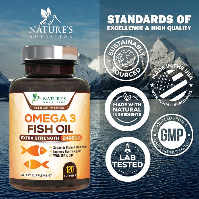 Omega 3 Fish Oil 2400 mg â€“ Triple Strength EPA & DHA Fatty Acids for Heart, Brain & Joint Support â€“ Wild-Caught, Burpless, Lemon Flavor Supplement â€“ Natural, Non-GMO, Gluten-Free â€“ 120 Softgels