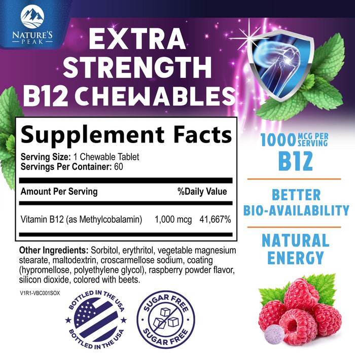 Vitamin B12 1000 mcg (Methylcobalamin) Super B 12 Complex Dietary Supplement for Energy & Immune Support, Vegan, Sugar-Free, Sublingual, Tasty Raspberry Flavor - 60 Chewable Tablets, 60 Day Supply