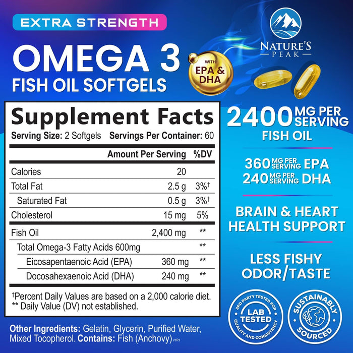 Omega 3 Fish Oil 2400 mg Supplement, Sustainably Sourced, Triple Strength Omega-3 Supplement Softgels, Brain Health Support, EPA & DHA Fish Oil Fatty Acids Supplements, Gluten & GMO Free, 120 Softgels