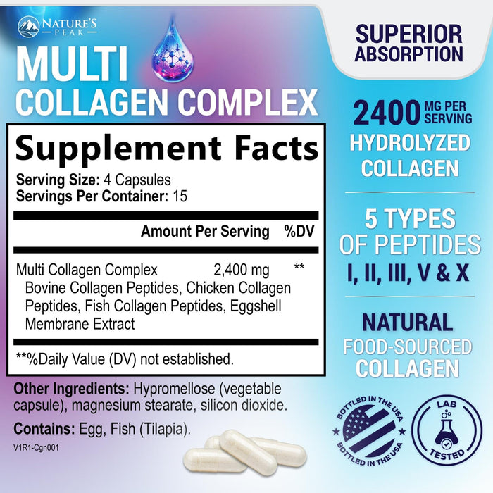 Multi Collagen Peptides Supplement for Hair, Nail, Skin - Type I, II, III, V, X, Collagen Powder Pills - Grass-Fed, Hydrolyzed for Bone and Joint Support for Women & Men, Non-GMO - 60 Capsules