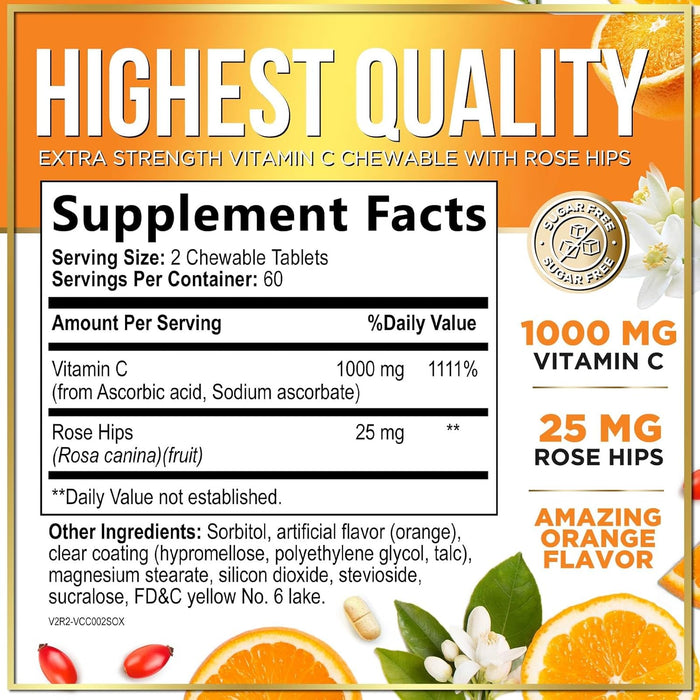 Vitamin C Supplement 1000mg - Extra Strength with Rose Hips Bioflavonoids - Sugar Free Vitamin C Chewable Pills, Nature's Vit C for Immune Support & Antioxidant Protection - 120 Chewable Tablets
