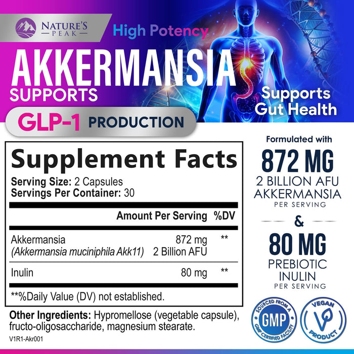 Akkermansia Probiotic Supplement - 2 Billion AFU GLP-1 Supplement with Prebiotic Fiber - Akkermansia Muciniphila GLP-1 Probiotics for Women & Men - Digestive, Gut & Immune Support - 60 Capsules