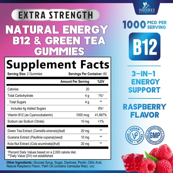 Energy Gummies 1000 mcg Vitamin B12, Green Tea Natural Caffeine Support, Daily Energy Gummies Vitamins, Delicious Berry Flavor B12 Chewable Exercise Supplement for Running Cycling & Sports - 120 Chews