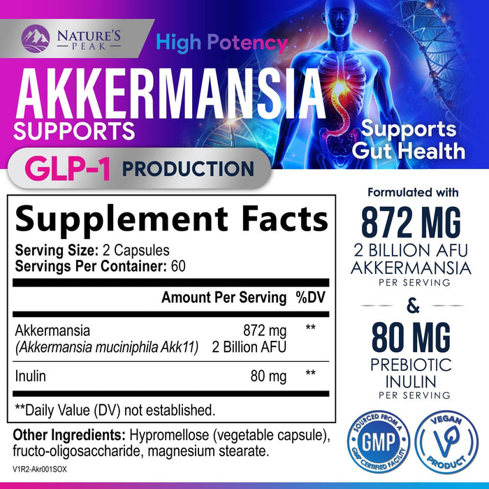 Akkermansia Probiotic Supplement - 2 Billion AFU GLP-1 Supplement with Prebiotic Fiber - Akkermansia Muciniphila GLP-1 Probiotics for Women & Men - Digestive, Gut & Immune Support - 120 Capsules