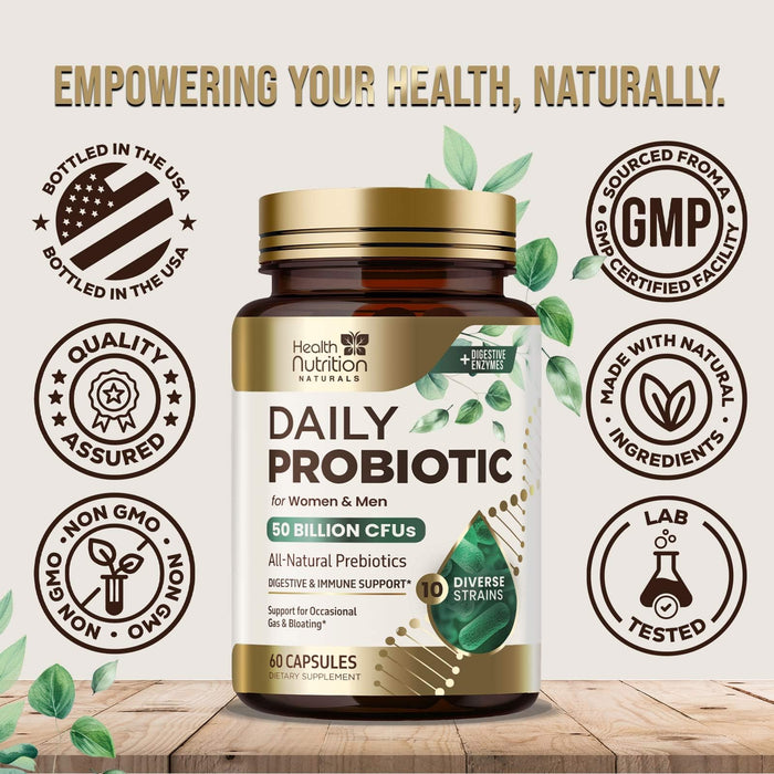Probiotics 60 Billion CFU + 10 Strains - Daily Probiotic Lactobacillus Blend for Immune, Digestive & Gut Health Support, Prebiotics and Probiotics, Gas & Bloating for Women & Men - 60 Capsules
