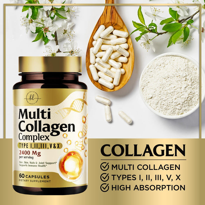 Multi Collagen Peptides for Women â€“ 2400mg Best Hydrolyzed Collagen Complex with 5 Types (I, II, III, V, X) - Grass Fed â€“ Hair, Skin, Nail, Bone & Joint Support for Beauty & Wellness â€“ 60 Capsules
