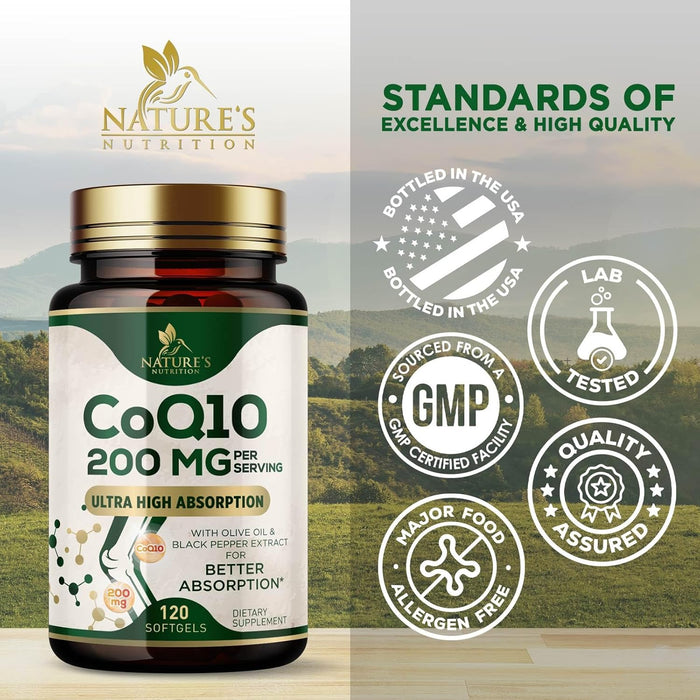 CoQ10 200mg Softgels - Extra Strength Coenzyme Q10 Supplement With Black Pepper Extract for Enhanced Absorption, CoQ10 Antioxidant Supplements for Heart Health & Cellular Energy Support - 120 Softgels