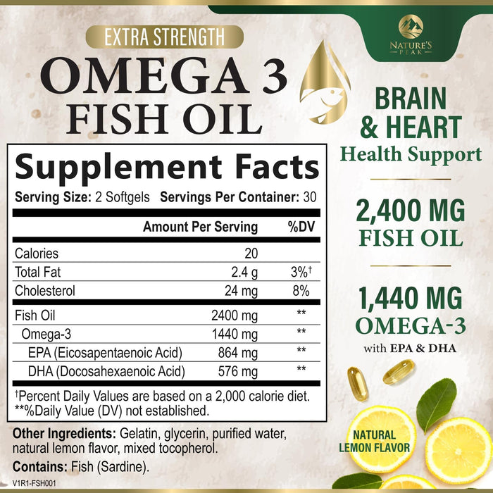 Omega 3 Fish Oil Pills 2400mg - Triple Strength Omega 3 Fish Oil Supplements - Best EPA & DHA Fatty Acids for Brain & Heart Health Support, Nature's Omega3 Supplement, 30 Day Supply - 60 Softgels