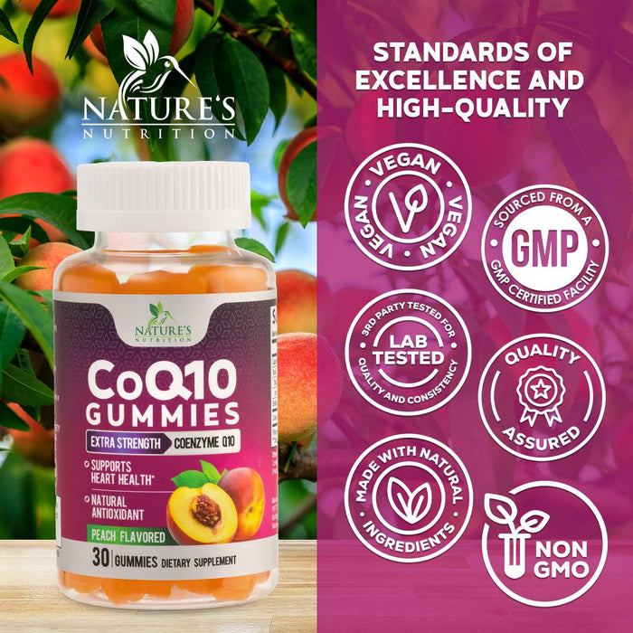 Nature's Nutrition CoQ10 Gummies 100mg â€“ High Absorption Coenzyme Q10 Supplement for Heart Health, Energy & Antioxidant Support â€“ Peach Flavor Gummy, Vegan, Non-GMO, Gluten Free â€“ 30 Count