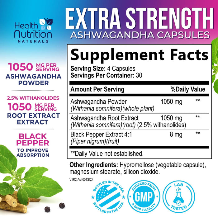 Ashwagandha Supplement 2100mg - Extra Strength Herbal Root Extract, Best Ashwagandha Supplements for Men & Women, Restore, Unwind, Calm Support Formula, Vegetarian, Non-GMO, Gluten-Free, 120 Capsules