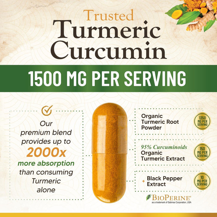 Turmeric Curcumin Supplement 1500mg - Organic Tumeric & BioPerine Black Pepper for Best Absorption with 95% Curcuminoids, Nature's Joint & Immune Support, Non-GMO, Bottled in USA - 120 Capsules