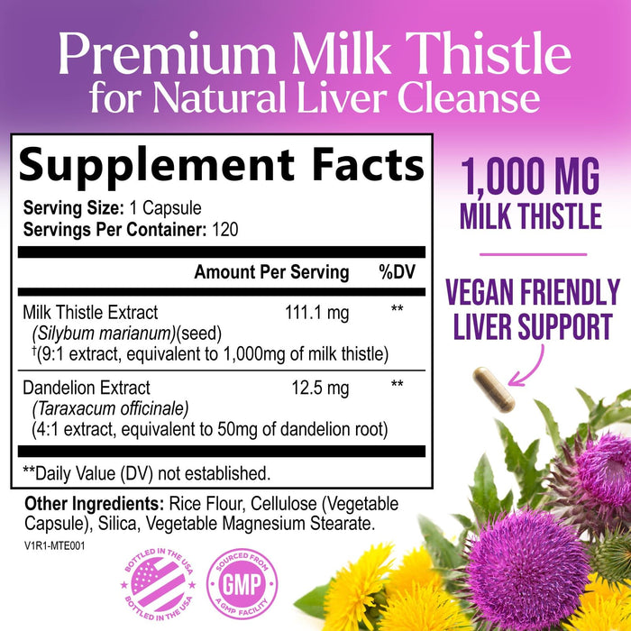 Milk Thistle Extract - Liver Cleanse Detox & Repair Formula with Dandelion Extract 1000mg - Herbal Liver Supplement - Nature's Milk Thistle w/Silymarin Marianum, Supports Liver Health - 120 Capsules