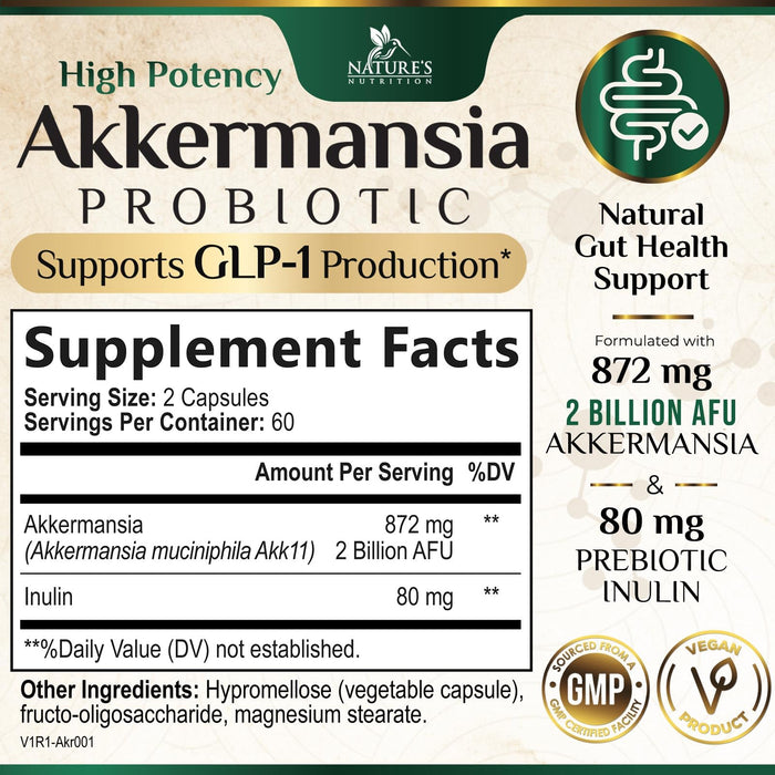 Akkermansia Probiotic Supplement for Women & Men, Akkermansia Muciniphila GLP 1 Probiotics with Prebiotic, 2 Billion AFU, Natural Digestive, Gut Health, & GLP 1 Production Support, 120 Capsules