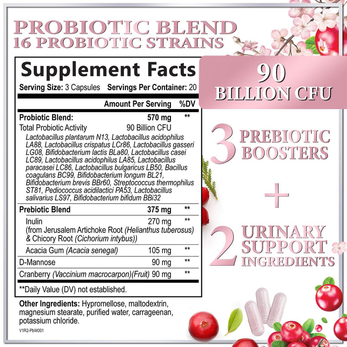 Probiotics for Women Supplement with Cranberry - 16 Premium Strains for PH Balance, Digestive Health, Vaginal & Immune Support, 90 Billion CFU, Women's Probiotic, UT, & Feminine Health - 60 Capsules