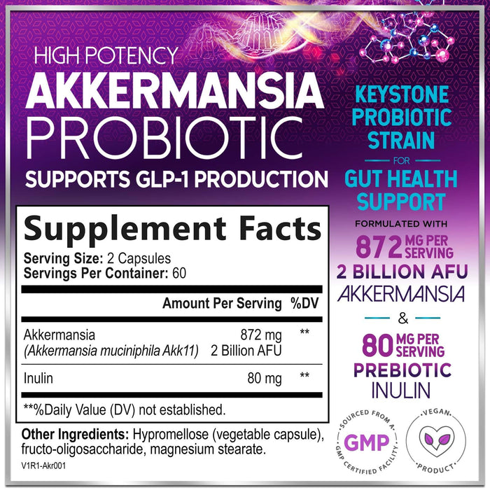 Akkermansia Probiotic with Prebiotic Fiber - Supports GLP-1 Production - 2 Billion AFU Strain for Digestive & Gut Health Support - Delayed Release, Third-Party Tested for Women & Men - 120 Capsules