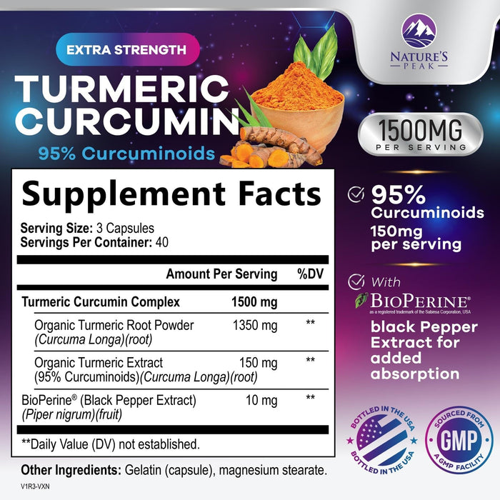Turmeric Curcumin Supplement with BioPerine 95% Curcuminoids 1500mg with Black Pepper for Best Absorption - Best Natural Vegan Joint Support - Bottled in USA, Non-GMO, Organic Tumeric - 120 Capsules