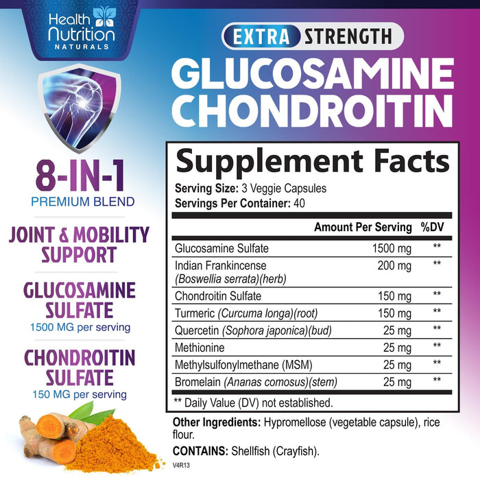 Glucosamine Chondroitin MSM 2100mg Complex - Joint Health Supplement with Turmeric & Boswellia - Quercetin for Cartilage, Flexibility & Mobility - Triple Strength Glucosamine Sulfate - 120 Capsules