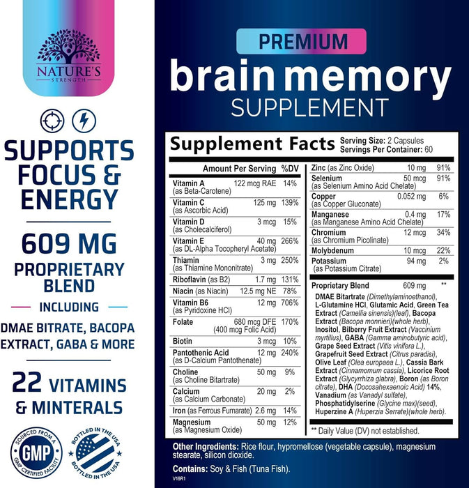 Brain Memory Supplement Pills - 3X Strength Nootropics for Concentration, Clarity & Focus Support - Brain Health Cognitive Vitamins with Bacopa, Phosphatidylserine & DMAE, Brain Booster - 120 Capsules
