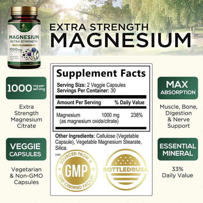 Magnesium (Citrate Oxide) 1000mg for Absorption – 60 Capsules