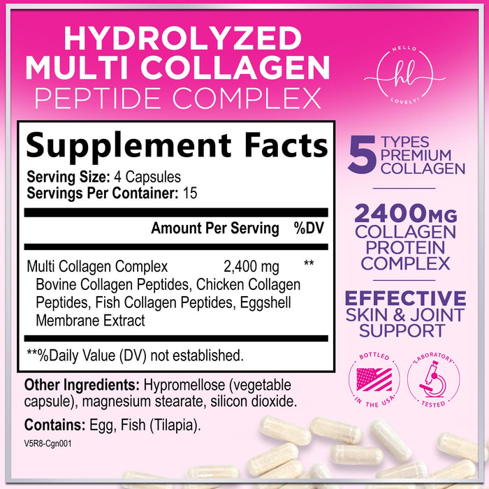 Multi Collagen Peptides Supplement - Hydrolyzed Types I, II, III, V & X Multi Collagen Pills, Hydrolyzed Collagen Peptides Supplements, Hair, Skin, Nail, and Joint Support Supplement, 60 Capsules