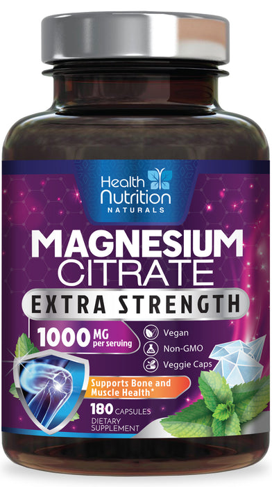 Magnesium Citrate 1000mg - Max Strength Magnesium Capsules for Muscle, Nerve, Bone and Heart Health Support, Natural Sleep Support, High Absorption Citrate Oxide Powder Complex