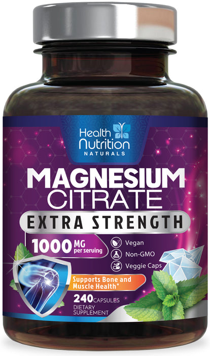 Magnesium Citrate 1000mg - Max Strength Magnesium Capsules for Muscle, Nerve, Bone and Heart Health Support, Natural Sleep Support, High Absorption Citrate Oxide Powder Complex