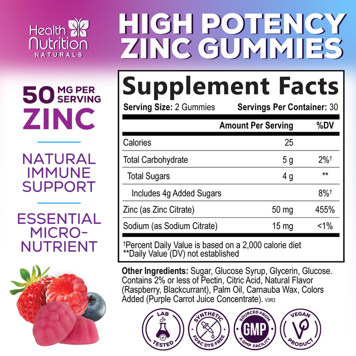 Zinc Supplement 50mg Gummies for Adults - Max Strength Skin Health & Immune Support Gummy, Vegan, Non-GMO & Gluten Free, Nature’s Antioxidant & Bone Health Chewable Tasty Berry Flavor - 60 Gummies