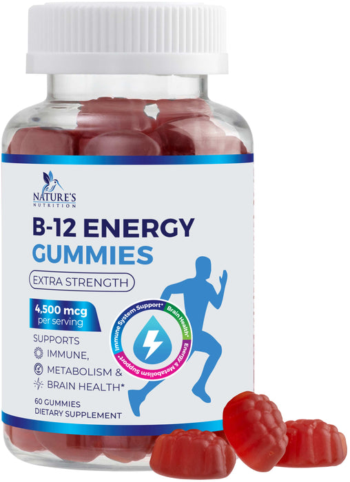 B-12 Vitamin Energy Gummies - 4500mcg Extra Strength B12 Gummy Chewables for Energy Metabolism & Immune Support - Dietary Supplement for Women, Men, & Kids - Non-GMO, Vegan, Berry Flavor - 60 Count