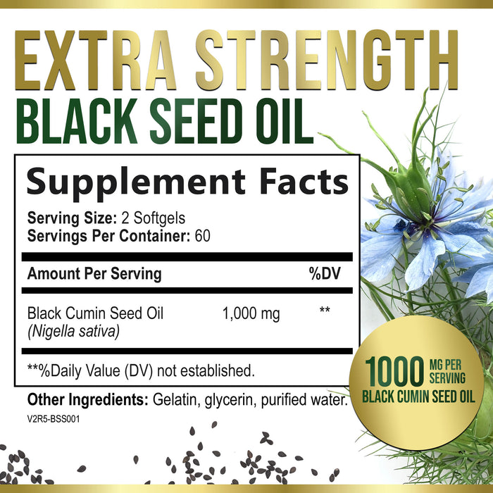 Black Seed Oil Softgels 1000mg - Premium Nigella Sativa Blackseed, Pure Natural Black Cumin Seed Oil & Antioxidant for Skin & Immune Support - Non GMO, Bottled in USA Supplement - 120 Softgels