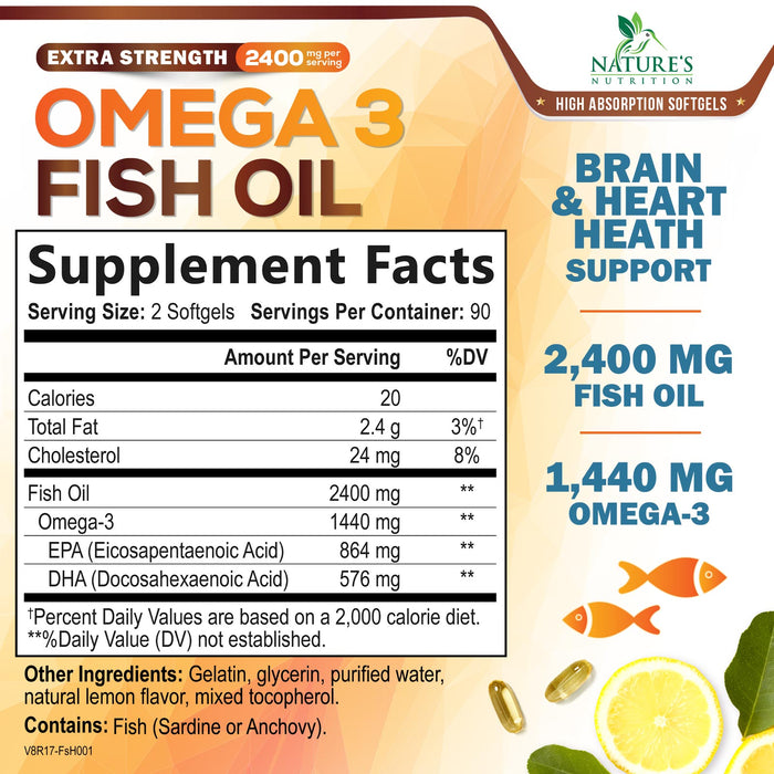 Omega 3 Fish Oil 2400 mg - Triple Strength EPA & DHA Fatty Acids for Heart, Brain & Joint Support Wild-Caught, Burpless, Lemon Flavor Supplement Natural, Non-GMO, Gluten-Free - 180 Softgels