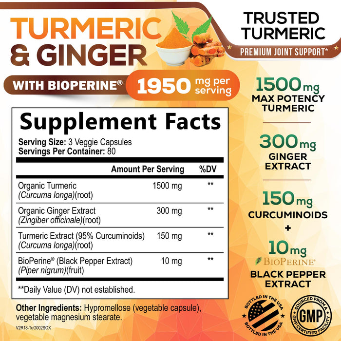 Turmeric Curcumin Supplement 1950mg - 95% Curcuminoids with Organic Turmeric & Ginger, BioPerine Black Pepper for Best Absorption, Nature's Vegan Joint Support, Non-GMO, Bottled in USA - 240 Capsules
