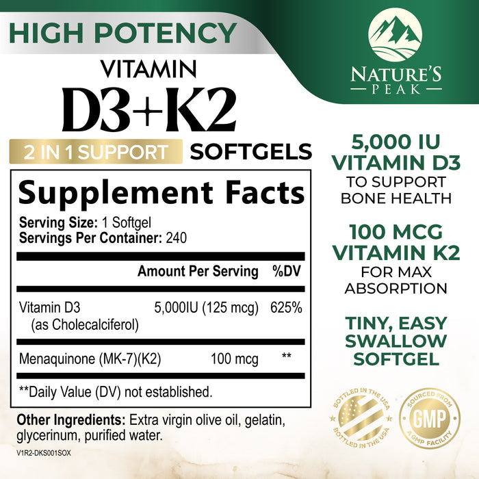 D3 K2 Vitamin 5000 IU | 2-in-1 Vitamin D 5000iu & Mk7 Vitamin K 100 mcg Dietary Supplement for Bone & Immune Support, Bottled in USA, Easy to Swallow, Gluten Free, Non-GMO