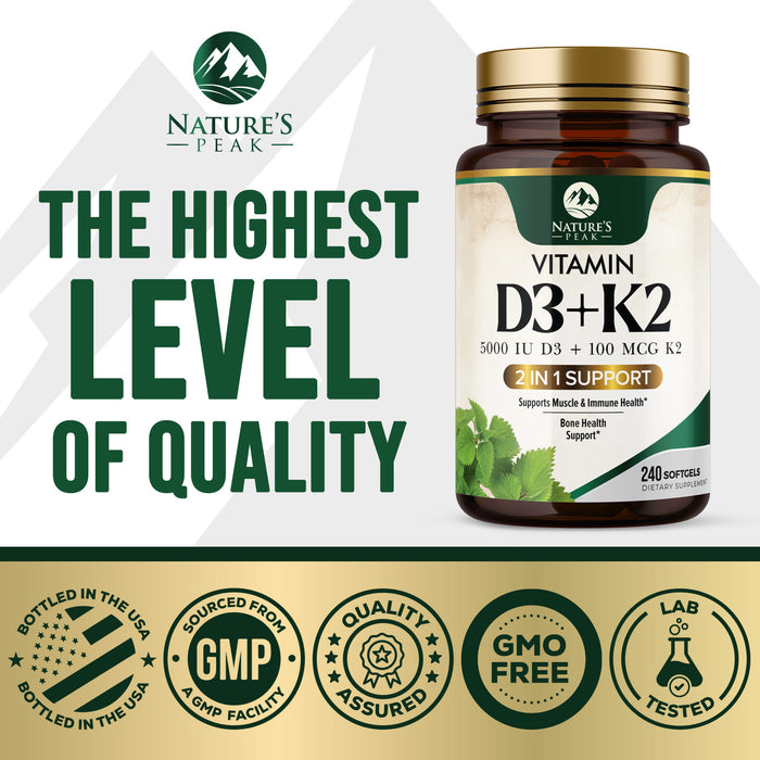 D3 K2 Vitamin 5000 IU | 2-in-1 Vitamin D 5000iu & Mk7 Vitamin K 100 mcg Dietary Supplement for Bone & Immune Support, Bottled in USA, Easy to Swallow, Gluten Free, Non-GMO