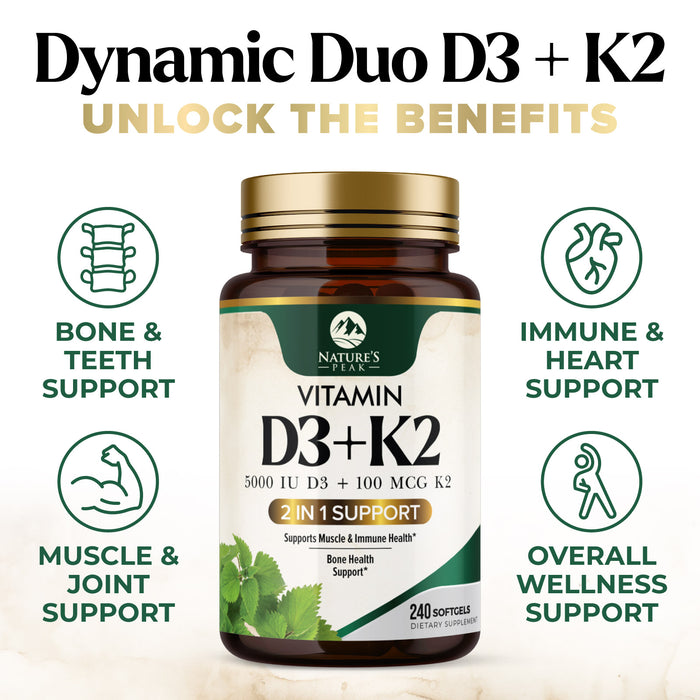 D3 K2 Vitamin 5000 IU | 2-in-1 Vitamin D 5000iu & Mk7 Vitamin K 100 mcg Dietary Supplement for Bone & Immune Support, Bottled in USA, Easy to Swallow, Gluten Free, Non-GMO