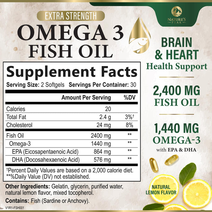 Omega 3 Fish Oil Pills 2400mg - Triple Strength Omega 3 Fish Oil Supplements - Best EPA & DHA Fatty Acids for Brain & Heart Health Support, Nature's Omega3 Supplement, 30 Day Supply - 60 Softgels