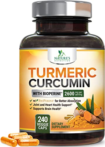 Turmeric Curcumin Supplement with BioPerine 95% Standardized Curcuminoids 2600mg - Black Pepper for Max Absorption, Vegan Joint Support, Nature's Tumeric Herbal Extract Vegan Non-GMO