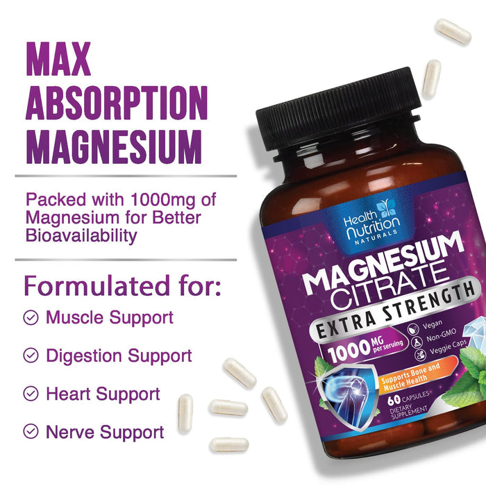 Magnesium Citrate 1000mg - Max Strength Magnesium Capsules for Muscle, Nerve, Bone and Heart Health Support, Natural Sleep Support, High Absorption Citrate Oxide Powder Complex