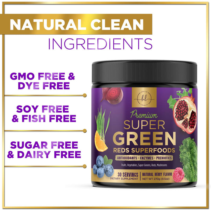 Hello Lovely! Super Greens Powder - Green Blend Drink Smoothie Mix for Energy Support with Superfood Spirulina, Chlorella & Antioxidants, Digestive Enzymes, Vegan, Non-GMO Greens Powder - 30 Servings