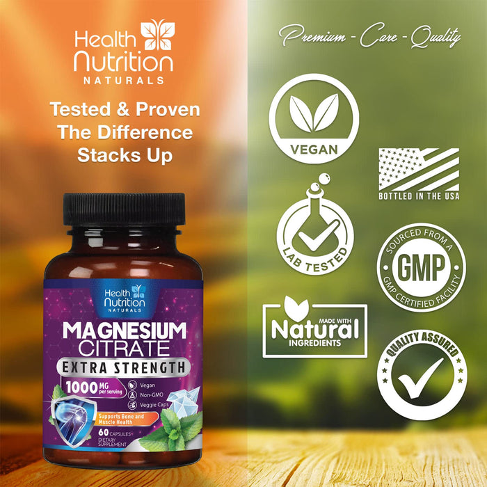 Magnesium Citrate 1000mg - Max Strength Magnesium Capsules for Muscle, Nerve, Bone and Heart Health Support, Natural Sleep Support, High Absorption Citrate Oxide Powder Complex