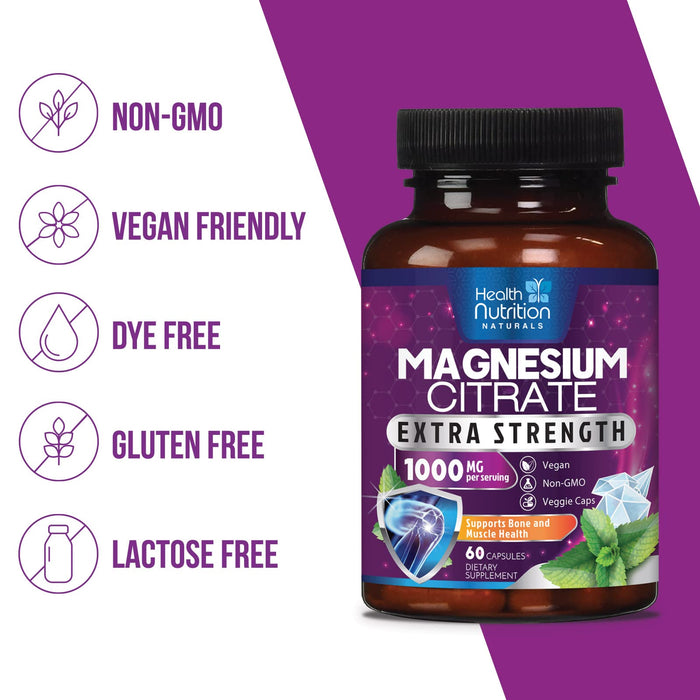 Magnesium Citrate 1000mg - Max Strength Magnesium Capsules for Muscle, Nerve, Bone and Heart Health Support, Natural Sleep Support, High Absorption Citrate Oxide Powder Complex